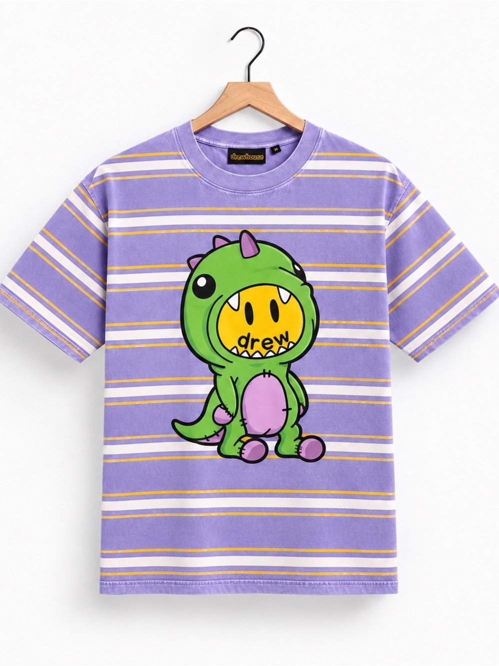 drew house Lavender Striped Tee with Green Dino Graphic